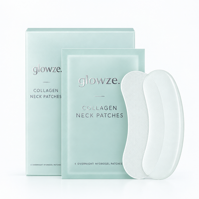 glowze. Collagen Neck Patches box – frosted mint and chrome packaging, 4 hydrogel overnight patches