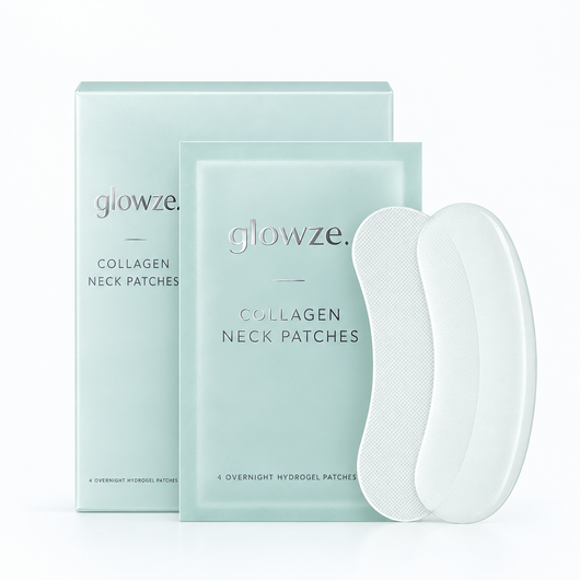 glowze. Collagen Neck Patches box – frosted mint and chrome packaging, 4 hydrogel overnight patches