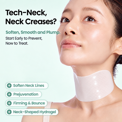 Tech-neck lifestyle — woman wearing Glowze hydrogel neck patch